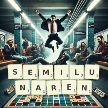 Kreative Illustration für ein Scrabble-Spiel, bei dem das Wort SEMILUNAREN mit Steinen auf dem Brett gelegt wurde.