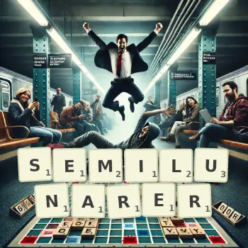 Kreative Illustration für ein Scrabble-Spiel, bei dem das Wort SEMILUNARER mit Steinen auf dem Brett gelegt wurde.