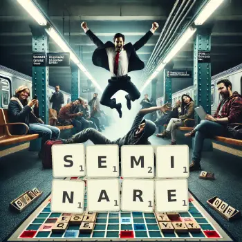 Kreative Illustration für ein Scrabble-Spiel, bei dem das Wort SEMINARE mit Steinen auf dem Brett gelegt wurde.