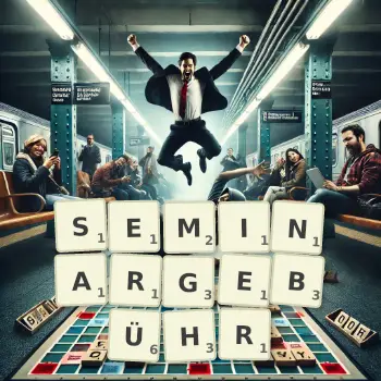 Kreative Illustration für ein Scrabble-Spiel, bei dem das Wort SEMINARGEBÜHR mit Steinen auf dem Brett gelegt wurde.