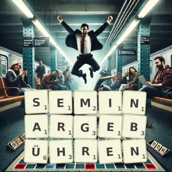 Kreative Illustration für ein Scrabble-Spiel, bei dem das Wort SEMINARGEBÜHREN mit Steinen auf dem Brett gelegt wurde.