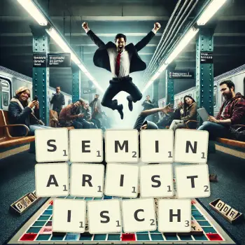Kreative Illustration für ein Scrabble-Spiel, bei dem das Wort SEMINARISTISCH mit Steinen auf dem Brett gelegt wurde.