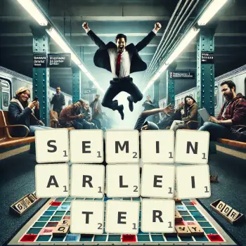 Kreative Illustration für ein Scrabble-Spiel, bei dem das Wort SEMINARLEITER mit Steinen auf dem Brett gelegt wurde.