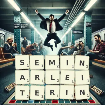Kreative Illustration für ein Scrabble-Spiel, bei dem das Wort SEMINARLEITERIN mit Steinen auf dem Brett gelegt wurde.