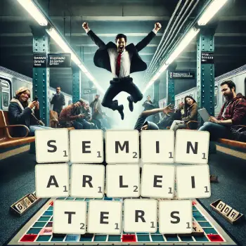 Kreative Illustration für ein Scrabble-Spiel, bei dem das Wort SEMINARLEITERS mit Steinen auf dem Brett gelegt wurde.