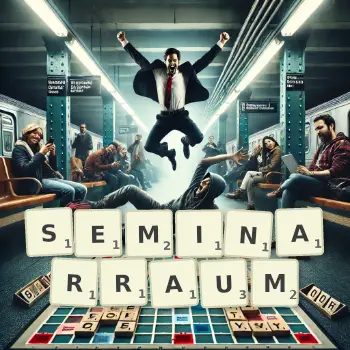 Kreative Illustration für ein Scrabble-Spiel, bei dem das Wort SEMINARRAUM mit Steinen auf dem Brett gelegt wurde.