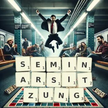 Kreative Illustration für ein Scrabble-Spiel, bei dem das Wort SEMINARSITZUNG mit Steinen auf dem Brett gelegt wurde.
