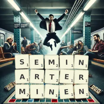 Kreative Illustration für ein Scrabble-Spiel, bei dem das Wort SEMINARTERMINEN mit Steinen auf dem Brett gelegt wurde.