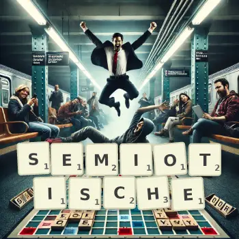 Kreative Illustration für ein Scrabble-Spiel, bei dem das Wort SEMIOTISCHE mit Steinen auf dem Brett gelegt wurde.