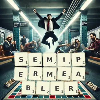 Kreative Illustration für ein Scrabble-Spiel, bei dem das Wort SEMIPERMEABLER mit Steinen auf dem Brett gelegt wurde.