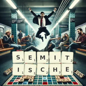 Kreative Illustration für ein Scrabble-Spiel, bei dem das Wort SEMITISCHE mit Steinen auf dem Brett gelegt wurde.