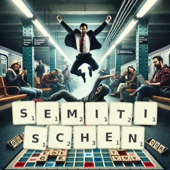 Kreative Illustration für ein Scrabble-Spiel, bei dem das Wort SEMITISCHEN mit Steinen auf dem Brett gelegt wurde.
