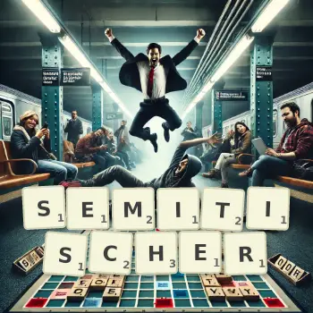 Kreative Illustration für ein Scrabble-Spiel, bei dem das Wort SEMITISCHER mit Steinen auf dem Brett gelegt wurde.