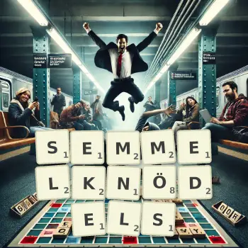 Kreative Illustration für ein Scrabble-Spiel, bei dem das Wort SEMMELKNÖDELS mit Steinen auf dem Brett gelegt wurde.