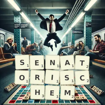 Kreative Illustration für ein Scrabble-Spiel, bei dem das Wort SENATORISCHEM mit Steinen auf dem Brett gelegt wurde.