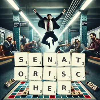 Kreative Illustration für ein Scrabble-Spiel, bei dem das Wort SENATORISCHER mit Steinen auf dem Brett gelegt wurde.