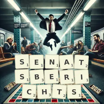 Kreative Illustration für ein Scrabble-Spiel, bei dem das Wort SENATSBERICHTS mit Steinen auf dem Brett gelegt wurde.