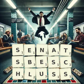 Kreative Illustration für ein Scrabble-Spiel, bei dem das Wort SENATSBESCHLUSS mit Steinen auf dem Brett gelegt wurde.
