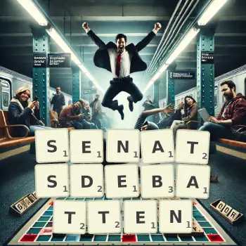 Kreative Illustration für ein Scrabble-Spiel, bei dem das Wort SENATSDEBATTEN mit Steinen auf dem Brett gelegt wurde.