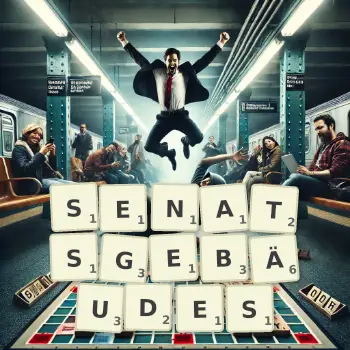 Kreative Illustration für ein Scrabble-Spiel, bei dem das Wort SENATSGEBÄUDES mit Steinen auf dem Brett gelegt wurde.