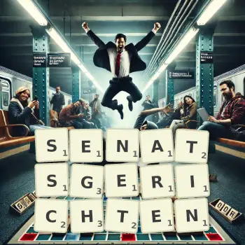 Kreative Illustration für ein Scrabble-Spiel, bei dem das Wort SENATSGERICHTEN mit Steinen auf dem Brett gelegt wurde.