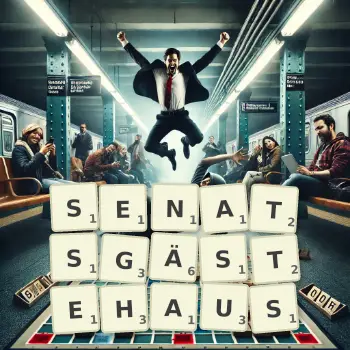Kreative Illustration für ein Scrabble-Spiel, bei dem das Wort SENATSGÄSTEHAUS mit Steinen auf dem Brett gelegt wurde.