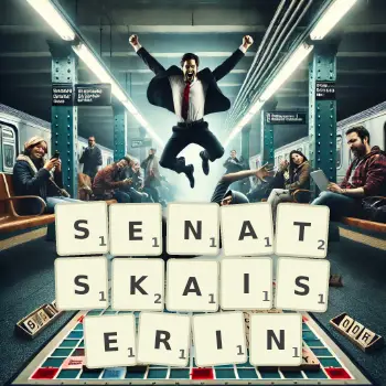 Kreative Illustration für ein Scrabble-Spiel, bei dem das Wort SENATSKAISERIN mit Steinen auf dem Brett gelegt wurde.