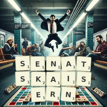 Kreative Illustration für ein Scrabble-Spiel, bei dem das Wort SENATSKAISERN mit Steinen auf dem Brett gelegt wurde.