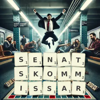 Kreative Illustration für ein Scrabble-Spiel, bei dem das Wort SENATSKOMMISSAR mit Steinen auf dem Brett gelegt wurde.
