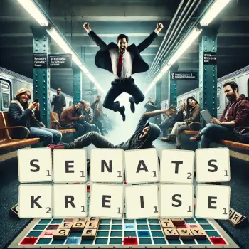 Kreative Illustration für ein Scrabble-Spiel, bei dem das Wort SENATSKREISE mit Steinen auf dem Brett gelegt wurde.