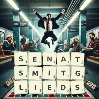 Kreative Illustration für ein Scrabble-Spiel, bei dem das Wort SENATSMITGLIEDS mit Steinen auf dem Brett gelegt wurde.