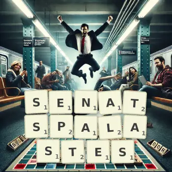 Kreative Illustration für ein Scrabble-Spiel, bei dem das Wort SENATSPALASTES mit Steinen auf dem Brett gelegt wurde.