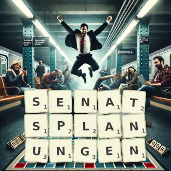 Kreative Illustration für ein Scrabble-Spiel, bei dem das Wort SENATSPLANUNGEN mit Steinen auf dem Brett gelegt wurde.