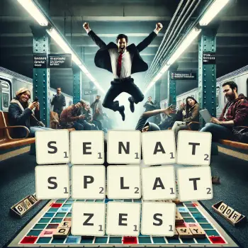 Kreative Illustration für ein Scrabble-Spiel, bei dem das Wort SENATSPLATZES mit Steinen auf dem Brett gelegt wurde.