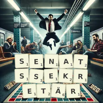 Kreative Illustration für ein Scrabble-Spiel, bei dem das Wort SENATSSEKRETÄR mit Steinen auf dem Brett gelegt wurde.