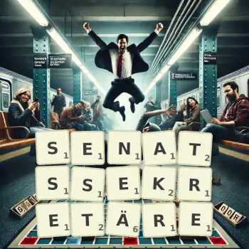 Kreative Illustration für ein Scrabble-Spiel, bei dem das Wort SENATSSEKRETÄRE mit Steinen auf dem Brett gelegt wurde.