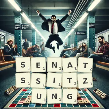 Kreative Illustration für ein Scrabble-Spiel, bei dem das Wort SENATSSITZUNG mit Steinen auf dem Brett gelegt wurde.
