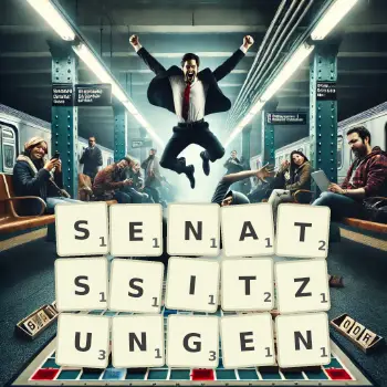 Kreative Illustration für ein Scrabble-Spiel, bei dem das Wort SENATSSITZUNGEN mit Steinen auf dem Brett gelegt wurde.