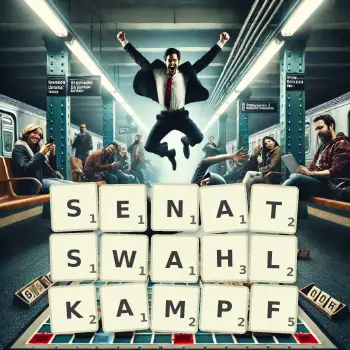 Kreative Illustration für ein Scrabble-Spiel, bei dem das Wort SENATSWAHLKAMPF mit Steinen auf dem Brett gelegt wurde.