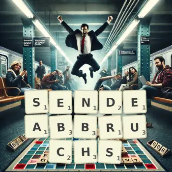 Kreative Illustration für ein Scrabble-Spiel, bei dem das Wort SENDEABBRUCHS mit Steinen auf dem Brett gelegt wurde.