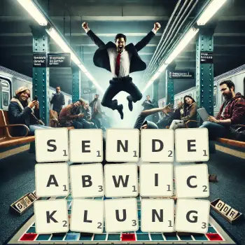 Kreative Illustration für ein Scrabble-Spiel, bei dem das Wort SENDEABWICKLUNG mit Steinen auf dem Brett gelegt wurde.