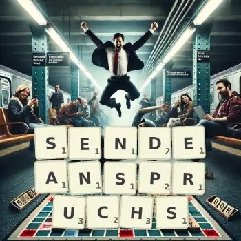 Kreative Illustration für ein Scrabble-Spiel, bei dem das Wort SENDEANSPRUCHS mit Steinen auf dem Brett gelegt wurde.