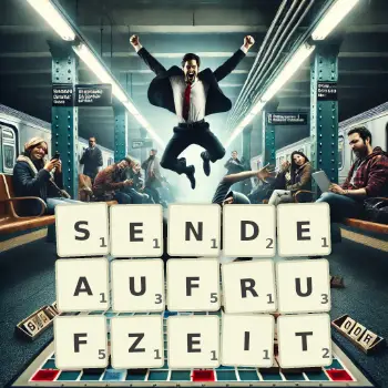 Kreative Illustration für ein Scrabble-Spiel, bei dem das Wort SENDEAUFRUFZEIT mit Steinen auf dem Brett gelegt wurde.