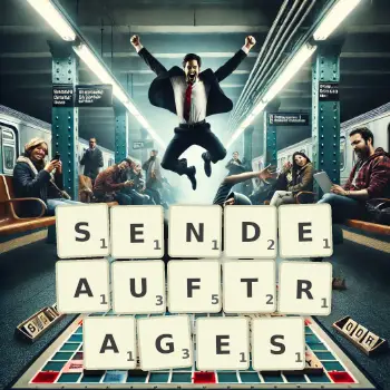 Kreative Illustration für ein Scrabble-Spiel, bei dem das Wort SENDEAUFTRAGES mit Steinen auf dem Brett gelegt wurde.
