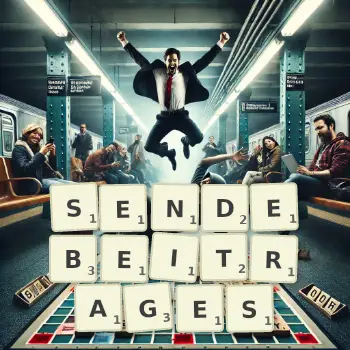 Kreative Illustration für ein Scrabble-Spiel, bei dem das Wort SENDEBEITRAGES mit Steinen auf dem Brett gelegt wurde.