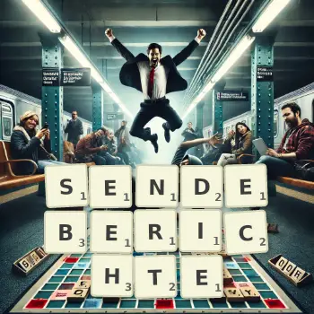 Kreative Illustration für ein Scrabble-Spiel, bei dem das Wort SENDEBERICHTE mit Steinen auf dem Brett gelegt wurde.