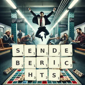 Kreative Illustration für ein Scrabble-Spiel, bei dem das Wort SENDEBERICHTS mit Steinen auf dem Brett gelegt wurde.