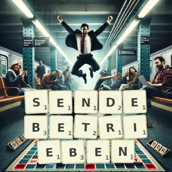 Kreative Illustration für ein Scrabble-Spiel, bei dem das Wort SENDEBETRIEBEN mit Steinen auf dem Brett gelegt wurde.
