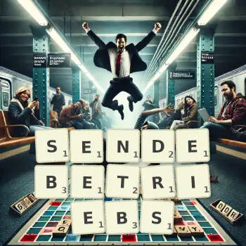 Kreative Illustration für ein Scrabble-Spiel, bei dem das Wort SENDEBETRIEBS mit Steinen auf dem Brett gelegt wurde.