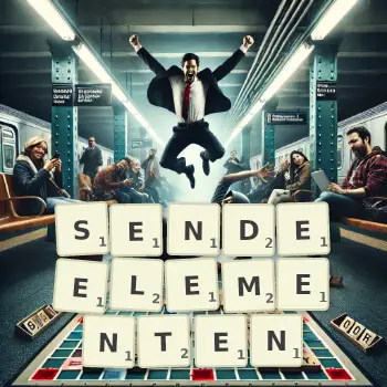 Kreative Illustration für ein Scrabble-Spiel, bei dem das Wort SENDEELEMENTEN mit Steinen auf dem Brett gelegt wurde.